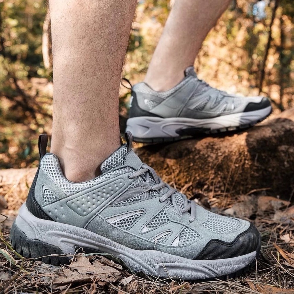 Mens Hiking Shoes Light Gray Black Mesh Leather Trail Sneaker Sz 9.5 - Picture 1 of 16